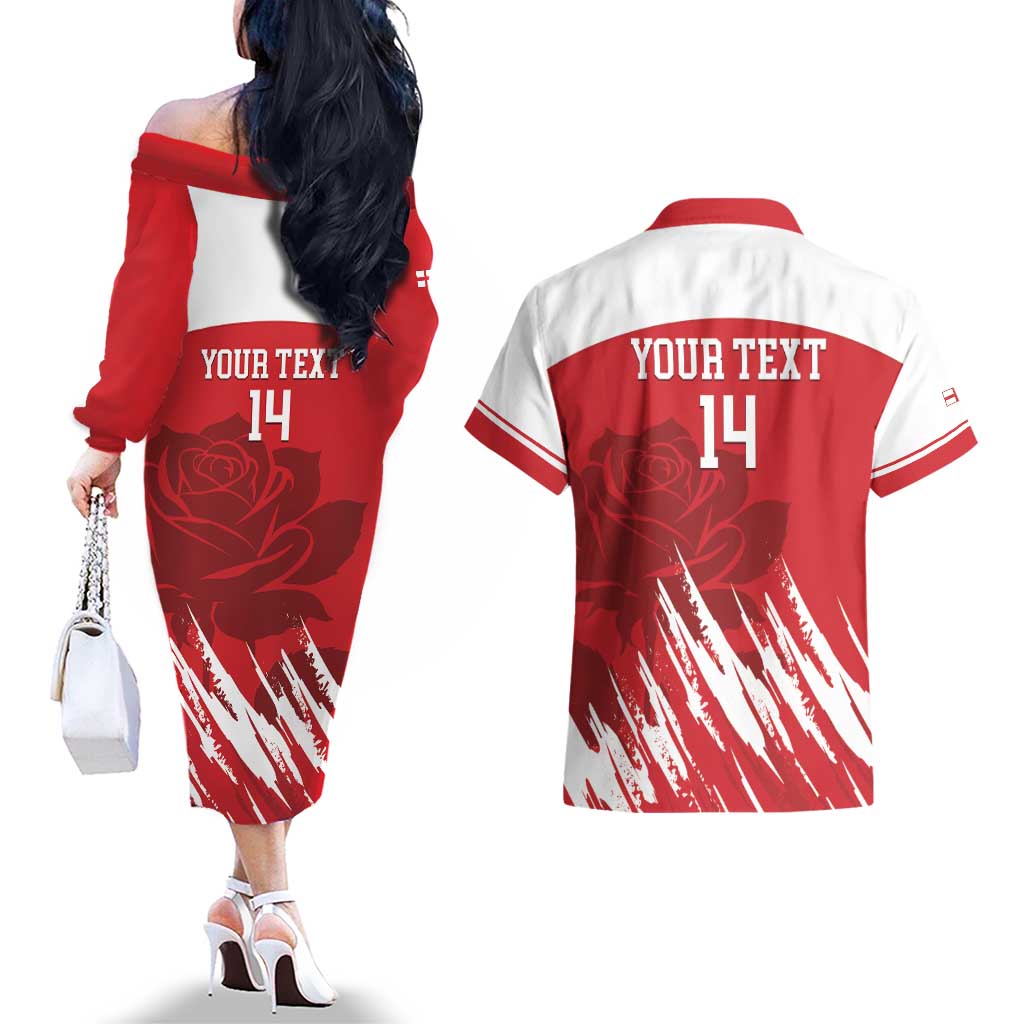 Custom England Lacrosse Couples Matching Off The Shoulder Long Sleeve Dress and Hawaiian Shirt Go Champions Rose