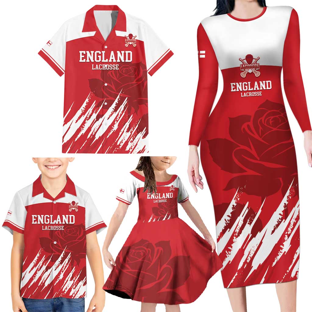 Custom England Lacrosse Family Matching Long Sleeve Bodycon Dress and Hawaiian Shirt Go Champions Rose