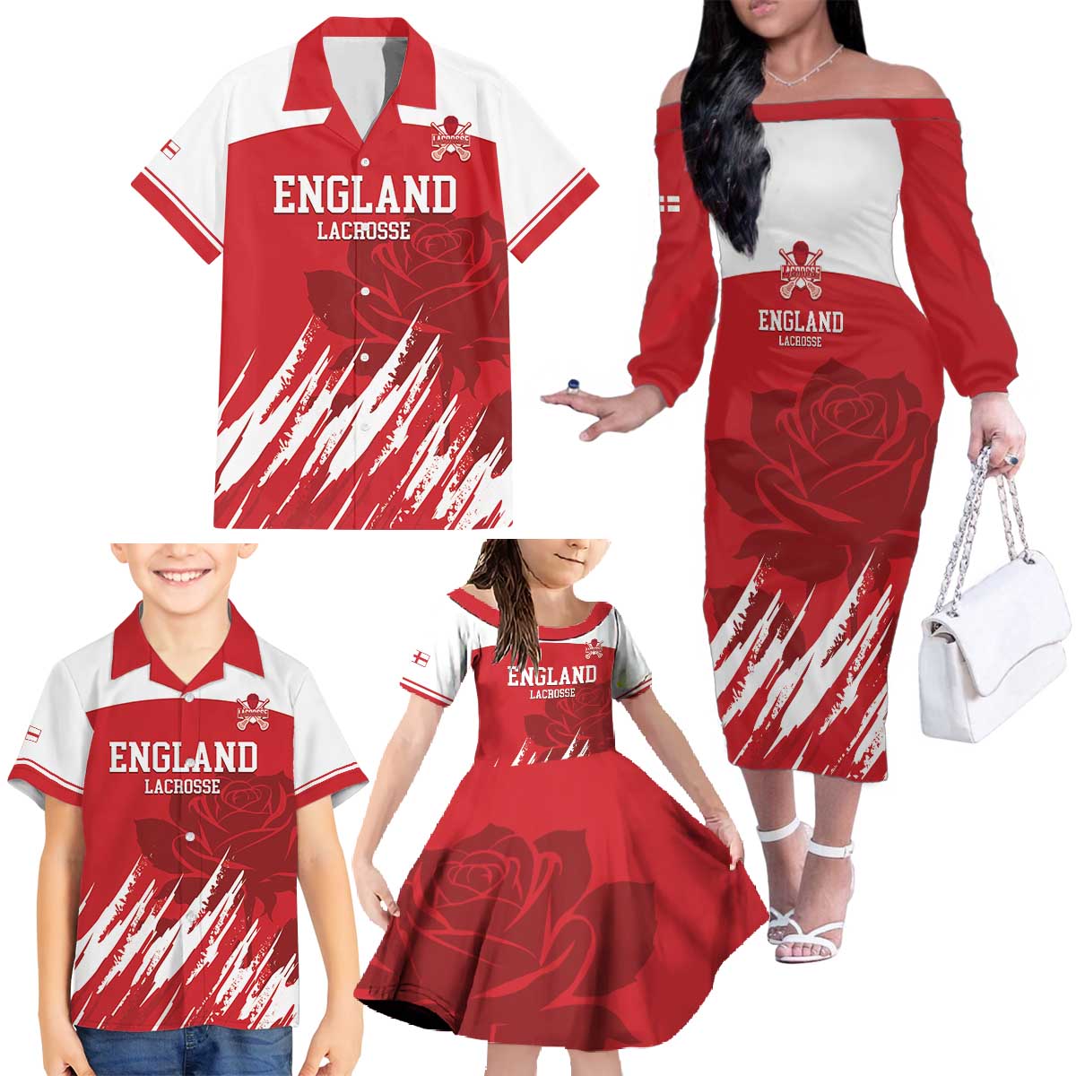 Custom England Lacrosse Family Matching Off The Shoulder Long Sleeve Dress and Hawaiian Shirt Go Champions Rose