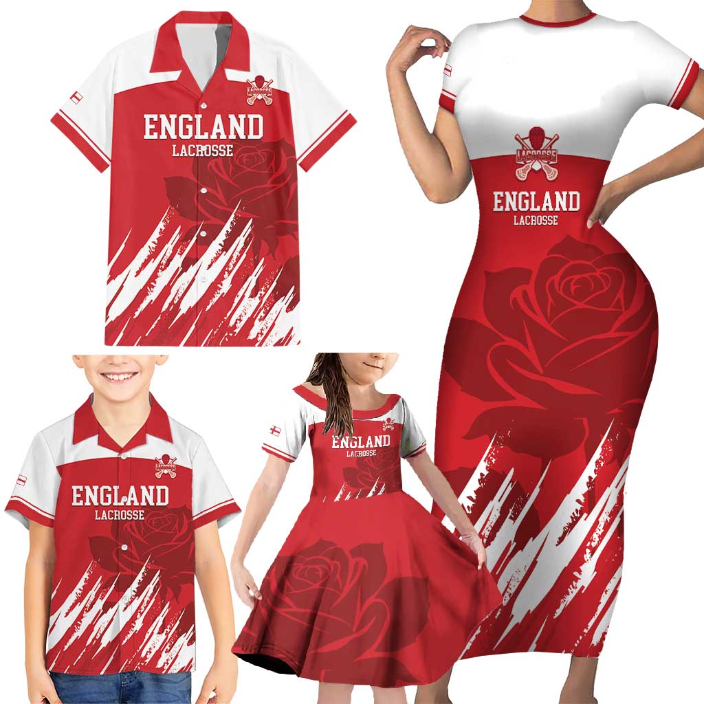 Custom England Lacrosse Family Matching Short Sleeve Bodycon Dress and Hawaiian Shirt Go Champions Rose