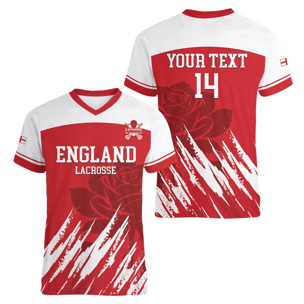 Custom England Lacrosse Women V-Neck T-Shirt Go Champions Rose