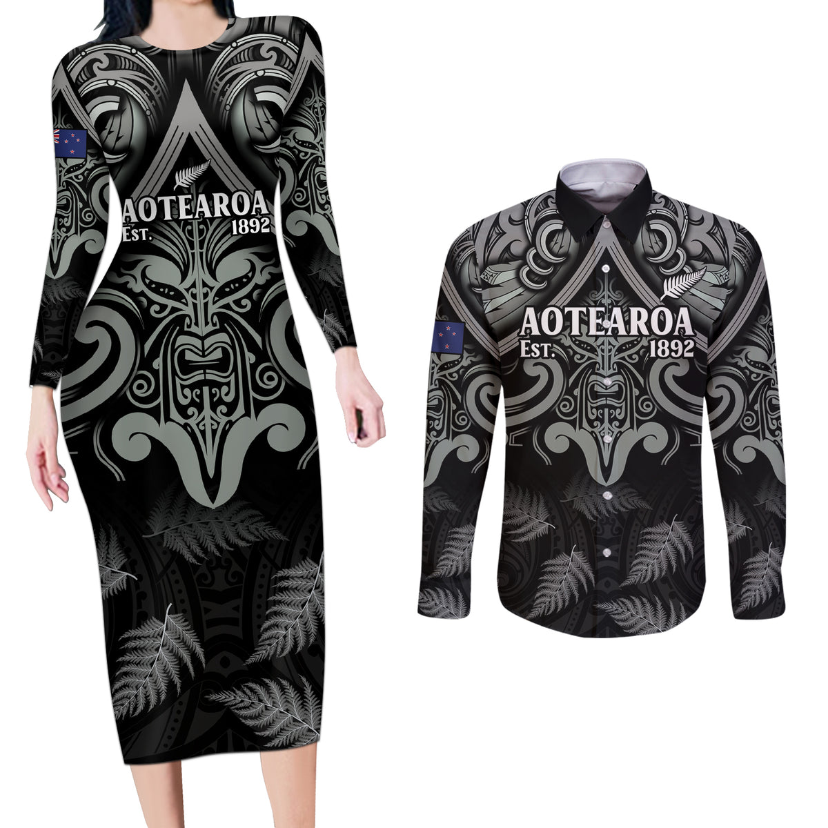 Custom New Zealand Silver Fern Rugby Couples Matching Long Sleeve Bodycon Dress and Long Sleeve Button Shirt All Black Since 1892 Aotearoa Moko Maori - Wonder Print Shop