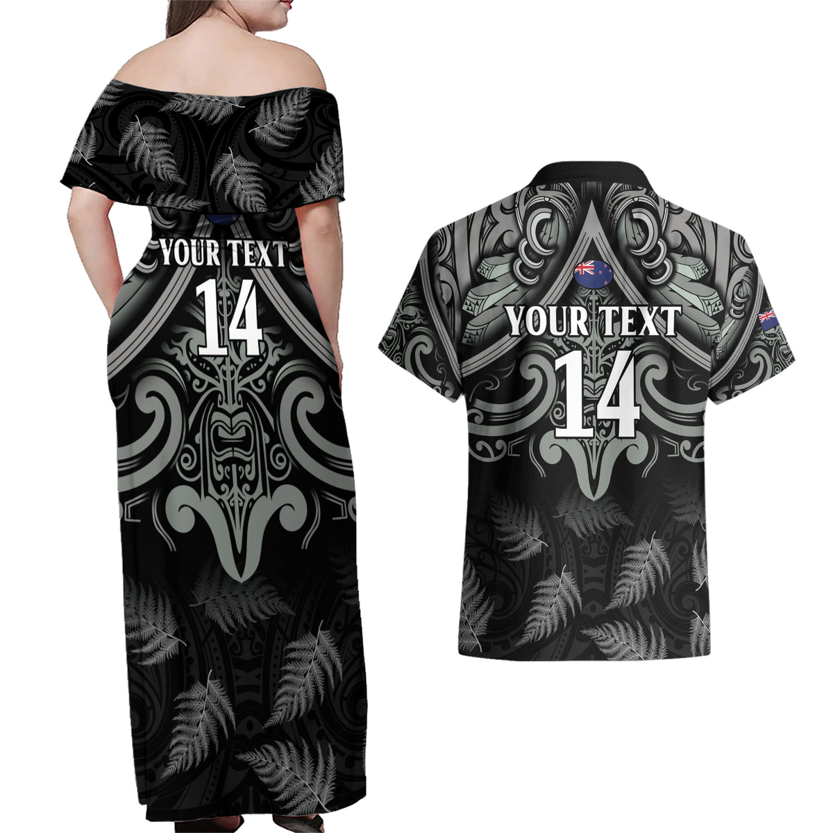 Custom New Zealand Silver Fern Rugby Couples Matching Off Shoulder Maxi Dress and Hawaiian Shirt All Black Since 1892 Aotearoa Moko Maori - Wonder Print Shop
