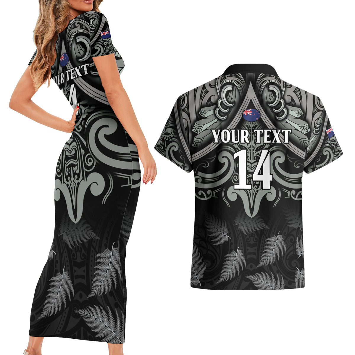 Custom New Zealand Silver Fern Rugby Couples Matching Short Sleeve Bodycon Dress and Hawaiian Shirt All Black Since 1892 Aotearoa Moko Maori - Wonder Print Shop