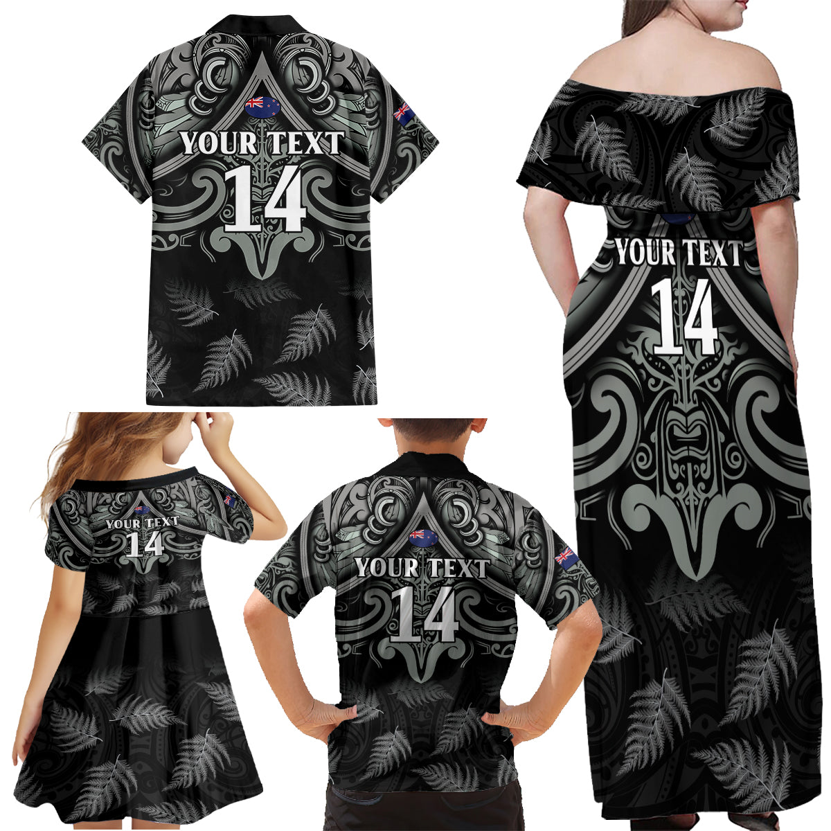 Custom New Zealand Silver Fern Rugby Family Matching Off Shoulder Maxi Dress and Hawaiian Shirt All Black Since 1892 Aotearoa Moko Maori - Wonder Print Shop