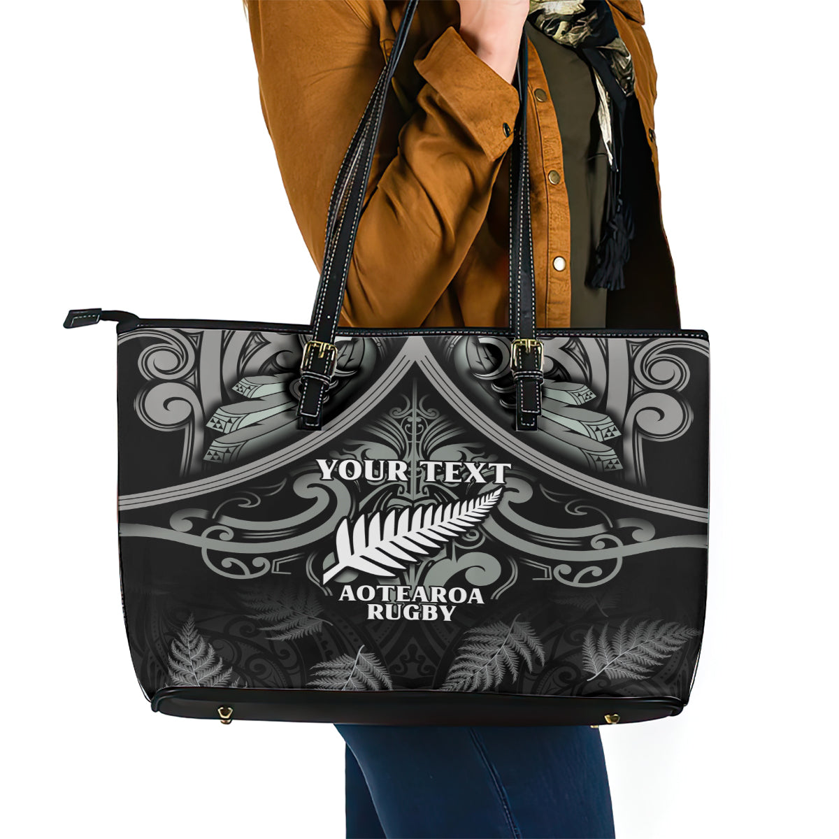 Custom New Zealand Silver Fern Rugby Leather Tote Bag All Black Since 1892 Aotearoa Moko Maori - Wonder Print Shop