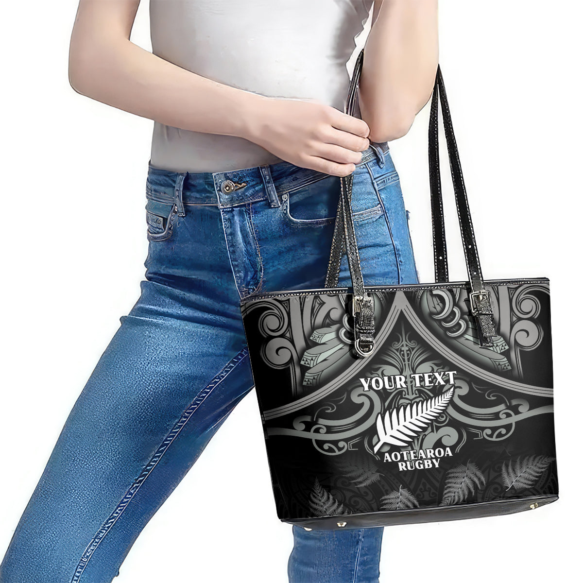 Custom New Zealand Silver Fern Rugby Leather Tote Bag All Black Since 1892 Aotearoa Moko Maori - Wonder Print Shop