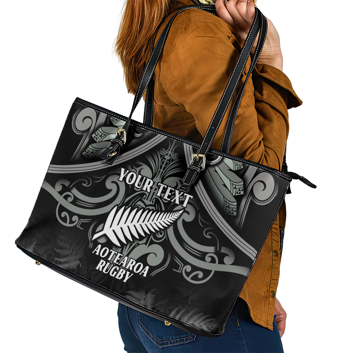 Custom New Zealand Silver Fern Rugby Leather Tote Bag All Black Since 1892 Aotearoa Moko Maori - Wonder Print Shop
