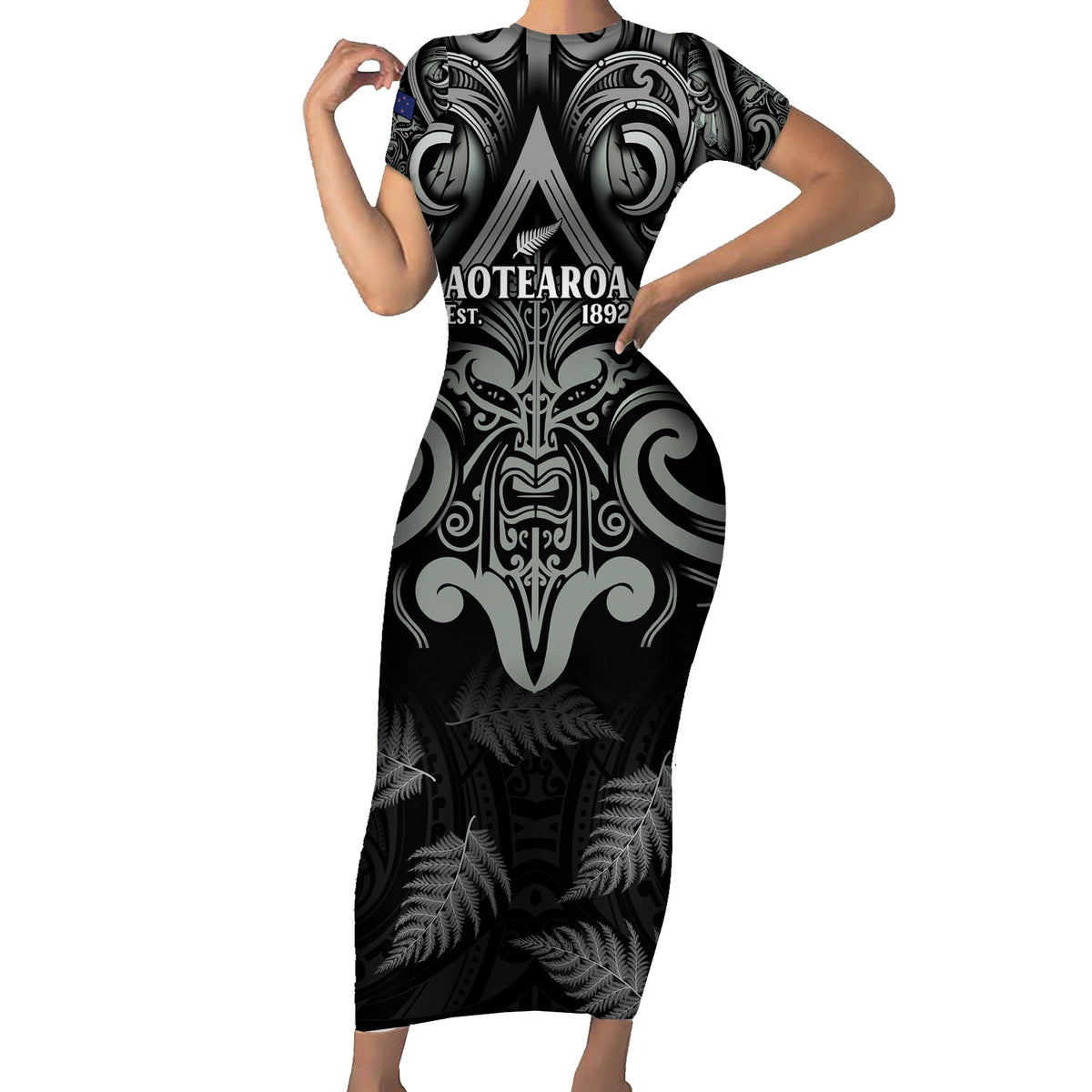 Custom New Zealand Silver Fern Rugby Short Sleeve Bodycon Dress All Black Since 1892 Aotearoa Moko Maori - Wonder Print Shop