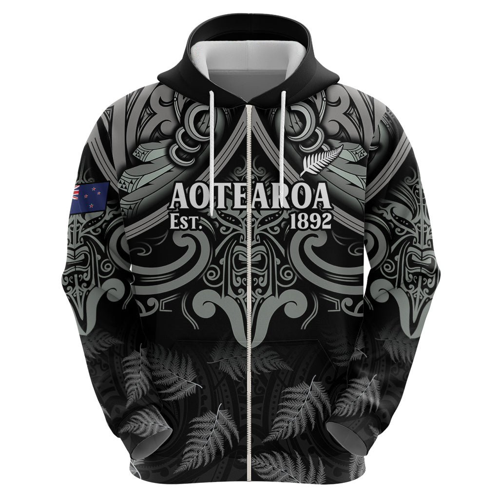 Custom New Zealand Silver Fern Rugby Zip Hoodie All Black Since 1892 Aotearoa Moko Maori - Wonder Print Shop