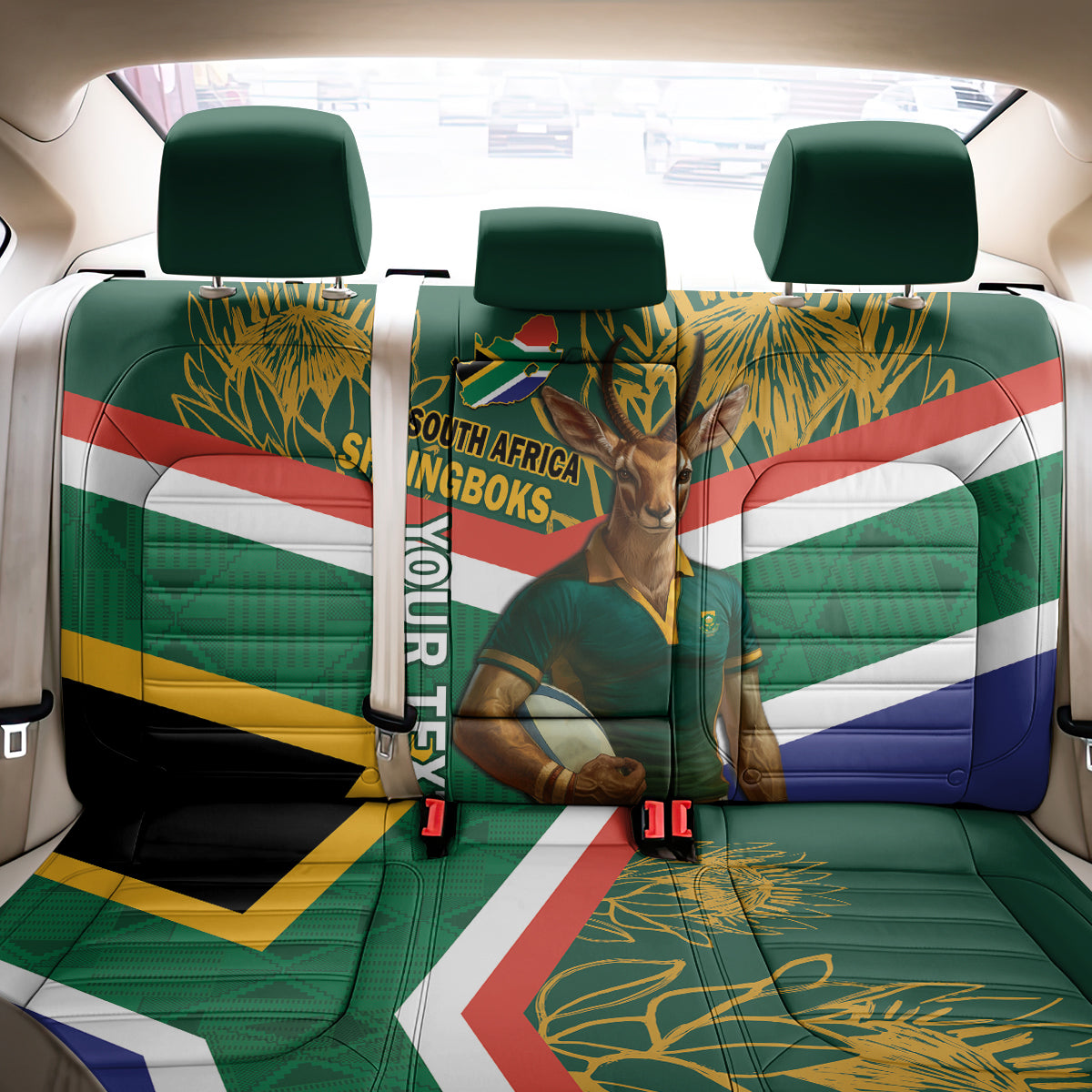 Custom South Africa Rugby Back Car Seat Cover 2024 Go Springboks Mascot African Pattern - Wonder Print Shop