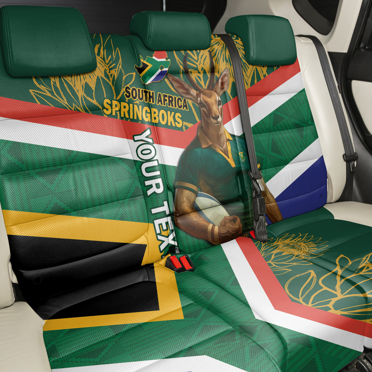 Custom South Africa Rugby Back Car Seat Cover 2024 Go Springboks Mascot African Pattern - Wonder Print Shop