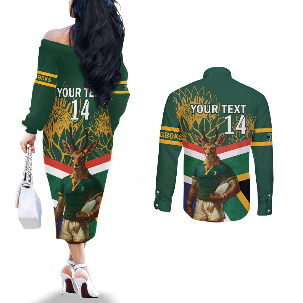 Custom South Africa Rugby Couples Matching Off The Shoulder Long Sleeve Dress and Long Sleeve Button Shirt 2024 Go Springboks Mascot African Pattern