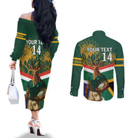Custom South Africa Rugby Couples Matching Off The Shoulder Long Sleeve Dress and Long Sleeve Button Shirt 2024 Go Springboks Mascot African Pattern
