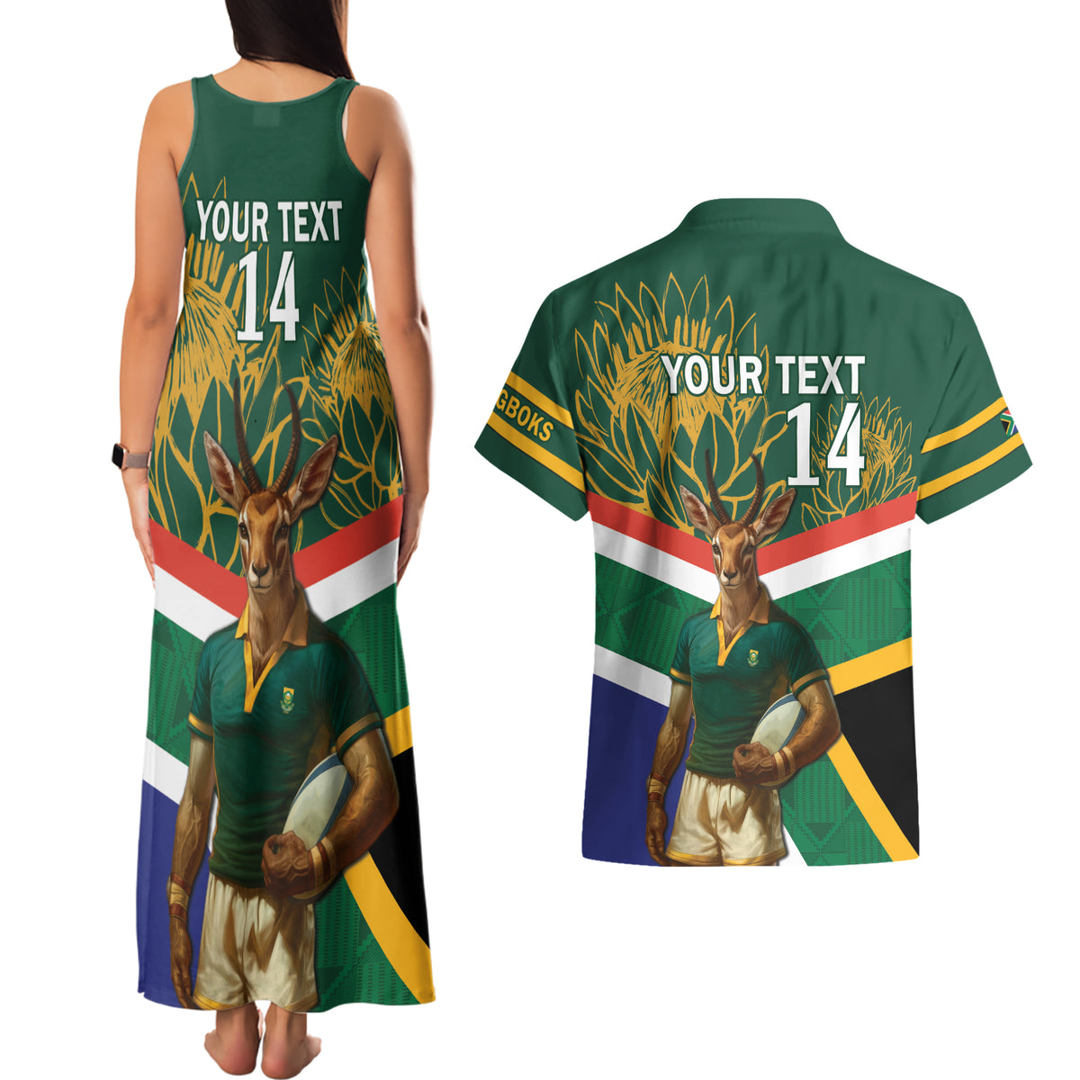 Custom South Africa Rugby Couples Matching Tank Maxi Dress and Hawaiian Shirt 2024 Go Springboks Mascot African Pattern - Wonder Print Shop