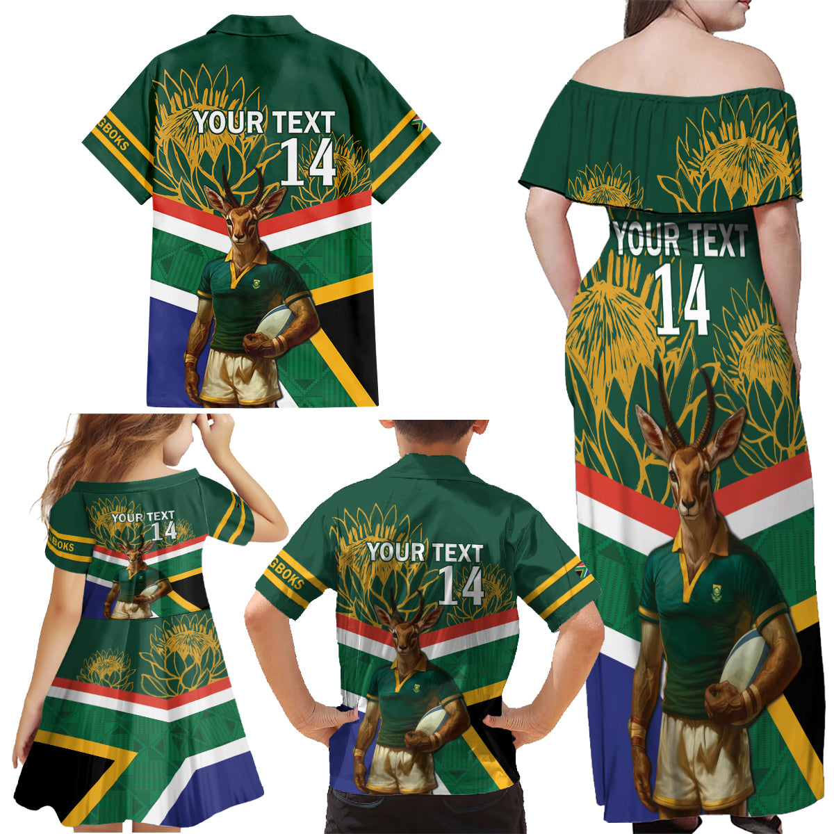 Custom South Africa Rugby Family Matching Off Shoulder Maxi Dress and Hawaiian Shirt 2024 Go Springboks Mascot African Pattern - Wonder Print Shop