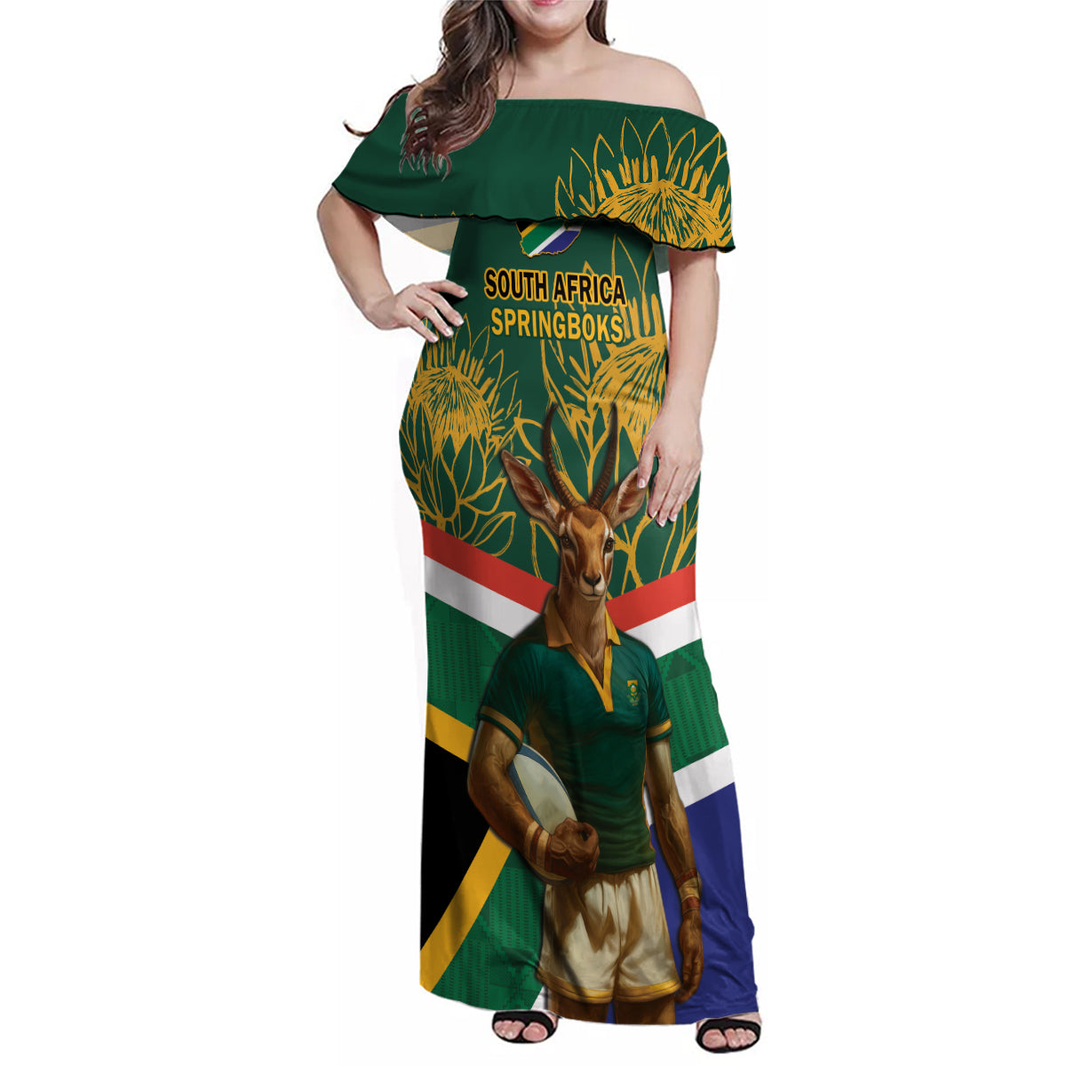 Custom South Africa Rugby Family Matching Off Shoulder Maxi Dress and Hawaiian Shirt 2024 Go Springboks Mascot African Pattern - Wonder Print Shop