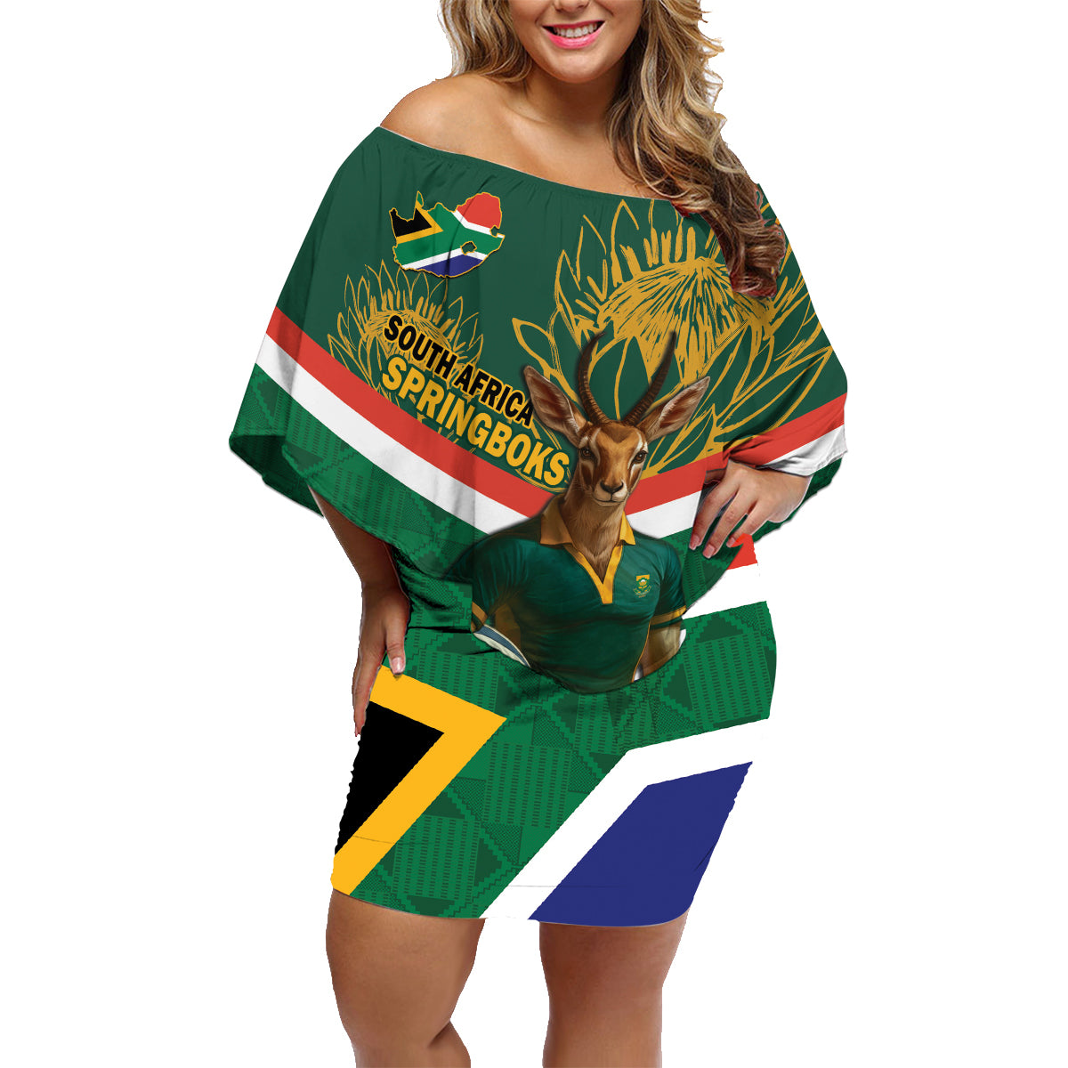 Custom South Africa Rugby Family Matching Off Shoulder Short Dress and Hawaiian Shirt 2024 Go Springboks Mascot African Pattern - Wonder Print Shop