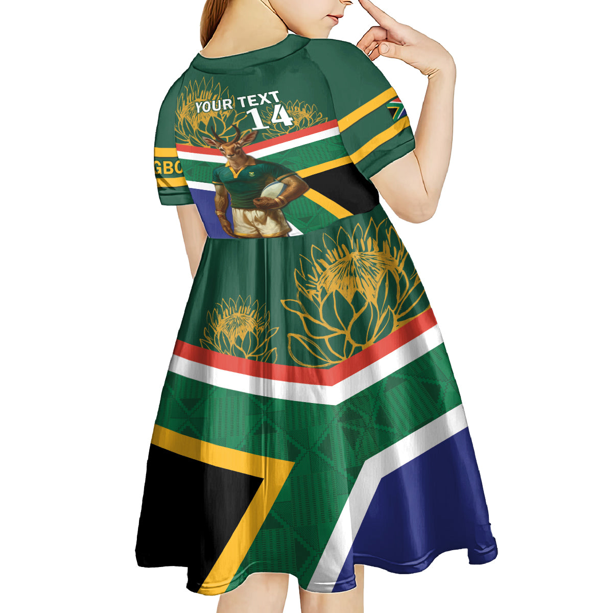 Custom South Africa Rugby Kid Short Sleeve Dress 2024 Go Springboks Mascot African Pattern - Wonder Print Shop