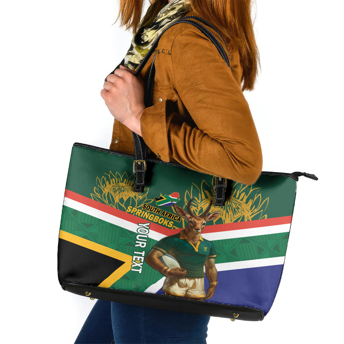 Custom South Africa Rugby Leather Tote Bag 2024 Go Springboks Mascot African Pattern