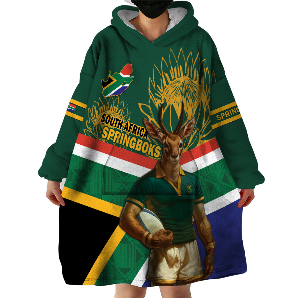 Custom South Africa Rugby Wearable Blanket Hoodie 2024 Go Springboks Mascot African Pattern - Wonder Print Shop