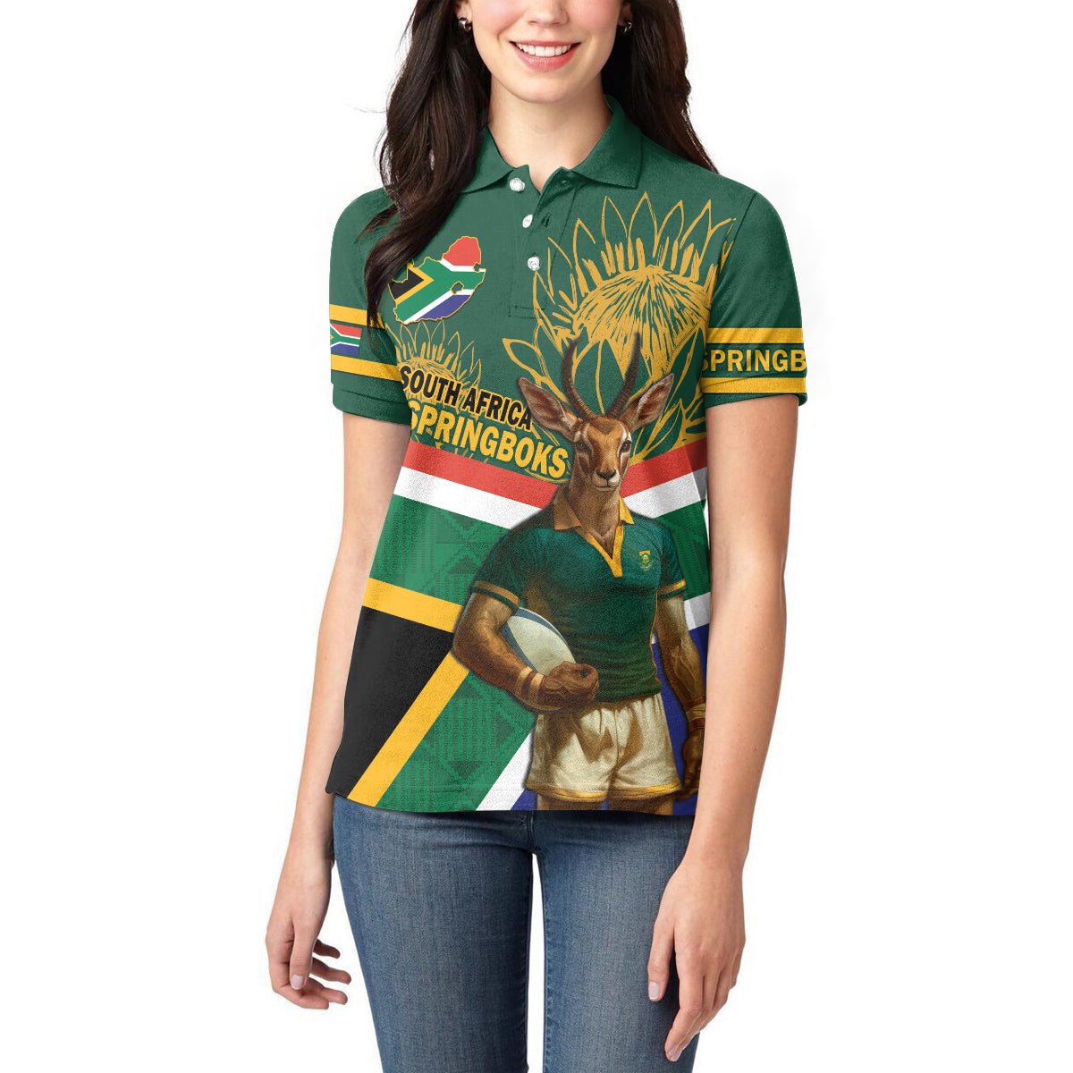 Custom South Africa Rugby Women Polo Shirt 2024 Go Springboks Mascot African Pattern - Wonder Print Shop