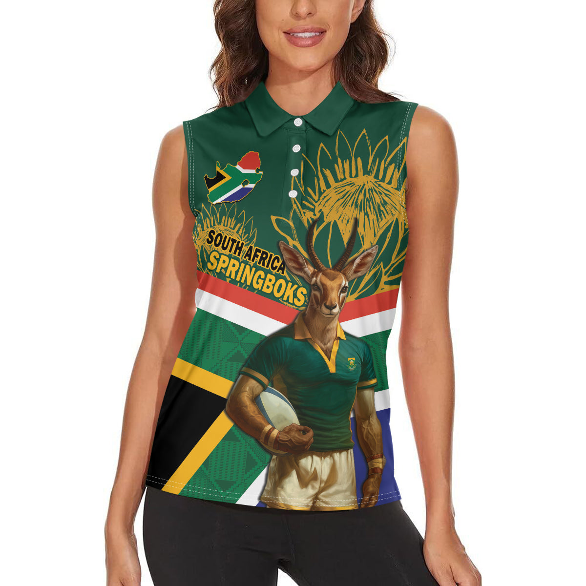 Custom South Africa Rugby Women Sleeveless Polo Shirt 2024 Go Springboks Mascot African Pattern - Wonder Print Shop