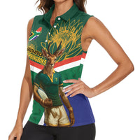 Custom South Africa Rugby Women Sleeveless Polo Shirt 2024 Go Springboks Mascot African Pattern - Wonder Print Shop