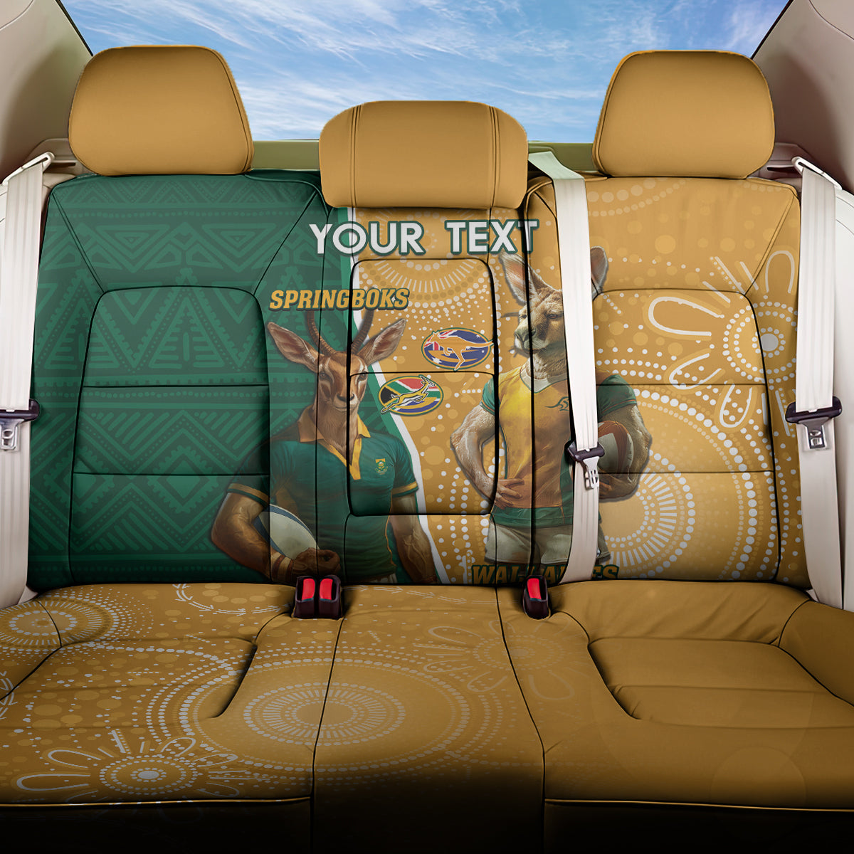Personalised South Africa And Australia Rugby Back Car Seat Cover 2024 Springboks Wallabies Mascots Together