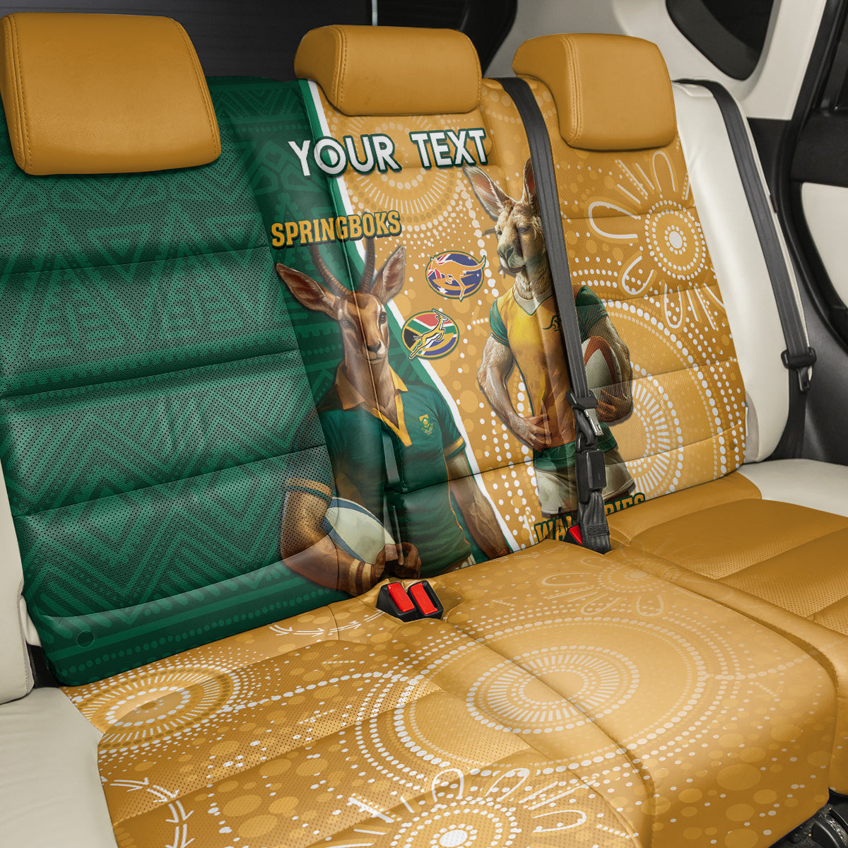 Personalised South Africa And Australia Rugby Back Car Seat Cover 2024 Springboks Wallabies Mascots Together - Wonder Print Shop