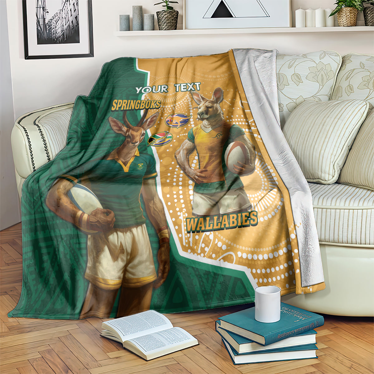 Personalised South Africa And Australia Rugby Blanket 2024 Springboks Wallabies Mascots Together