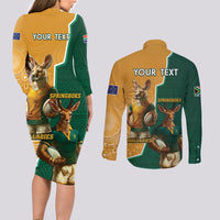 Personalised South Africa And Australia Rugby Couples Matching Long Sleeve Bodycon Dress and Long Sleeve Button Shirt 2024 Springboks Wallabies Mascots Together - Wonder Print Shop