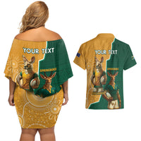 Personalised South Africa And Australia Rugby Couples Matching Off Shoulder Short Dress and Hawaiian Shirt 2024 Springboks Wallabies Mascots Together - Wonder Print Shop