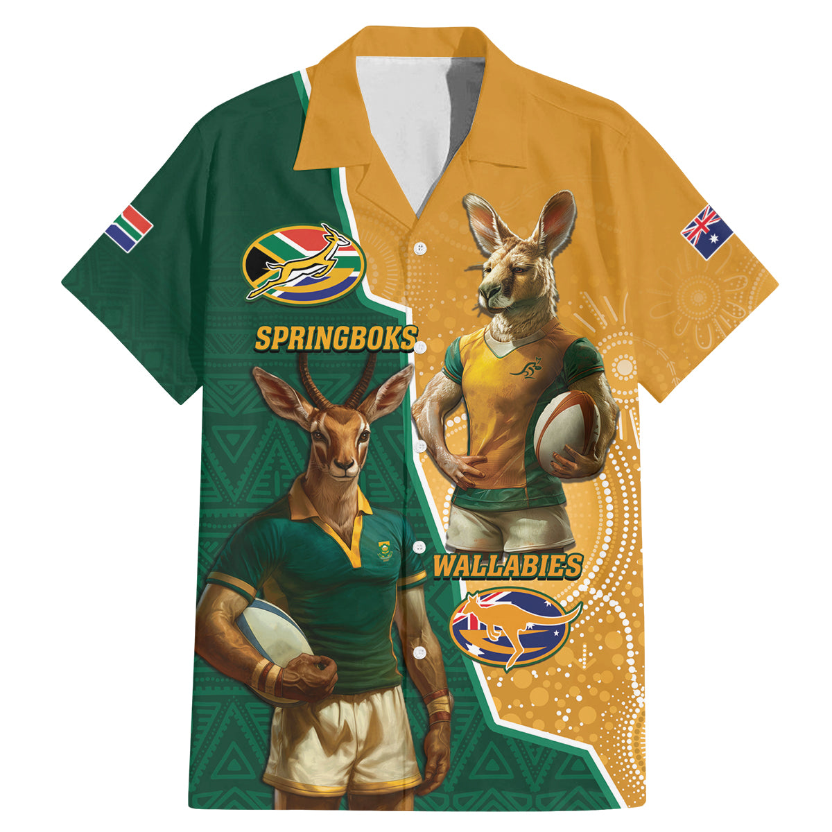 Personalised South Africa And Australia Rugby Family Matching Mermaid Dress and Hawaiian Shirt 2024 Springboks Wallabies Mascots Together - Wonder Print Shop