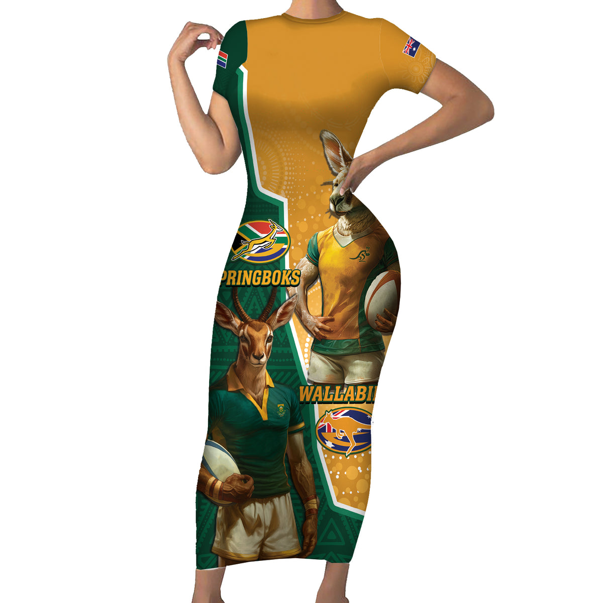 Personalised South Africa And Australia Rugby Family Matching Short Sleeve Bodycon Dress and Hawaiian Shirt 2024 Springboks Wallabies Mascots Together - Wonder Print Shop