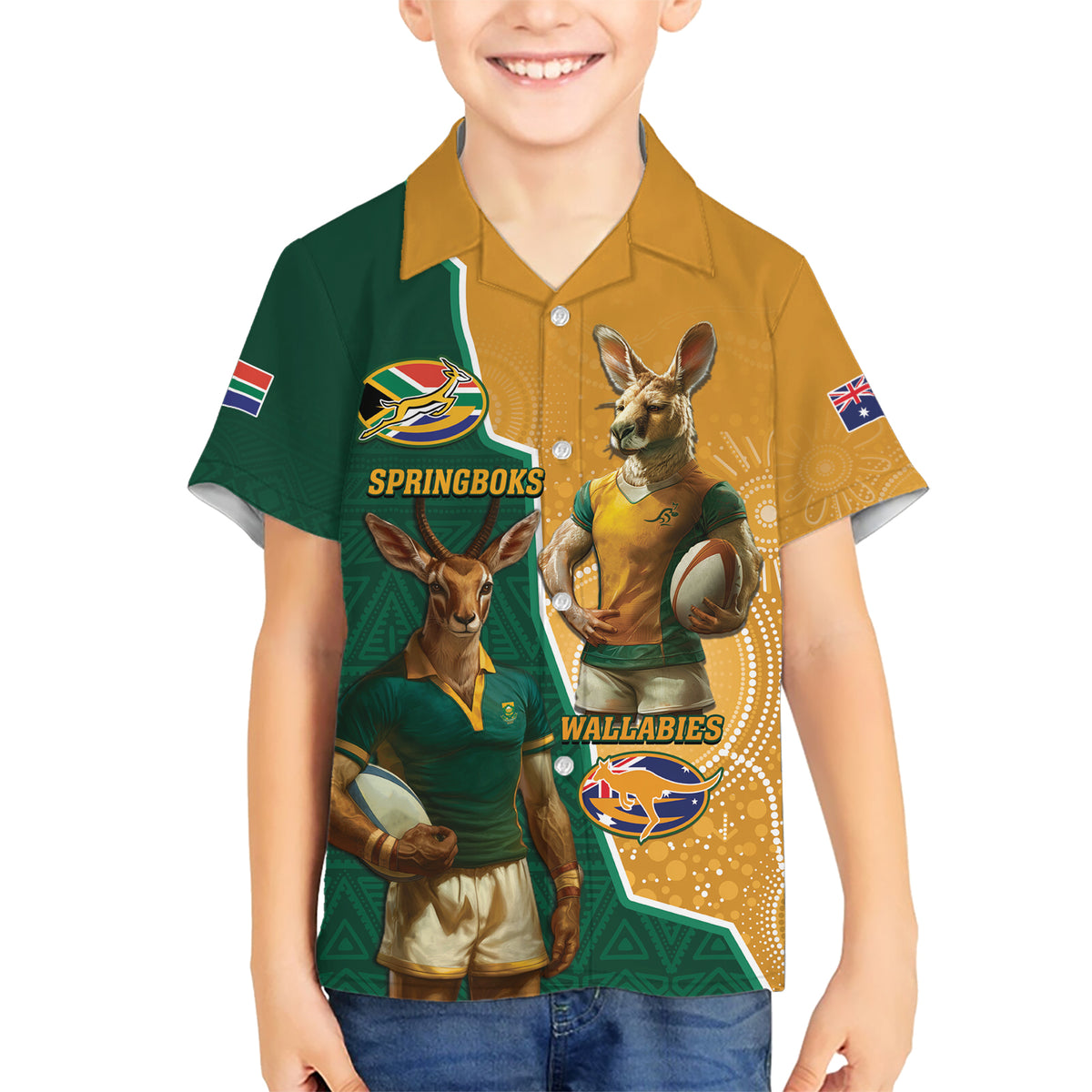 Personalised South Africa And Australia Rugby Hawaiian Shirt 2024 Springboks Wallabies Mascots Together - Wonder Print Shop