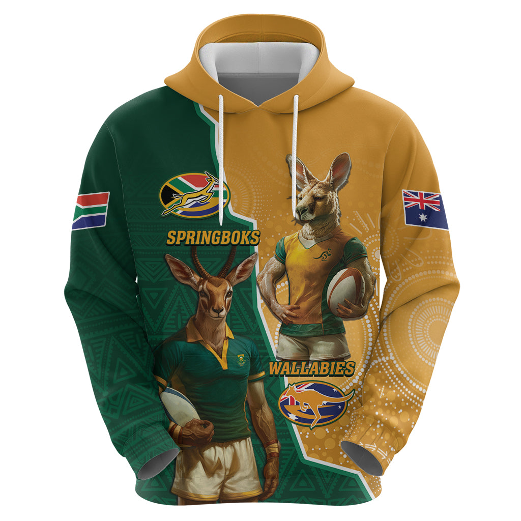 Personalised South Africa And Australia Rugby Hoodie 2024 Springboks Wallabies Mascots Together - Wonder Print Shop