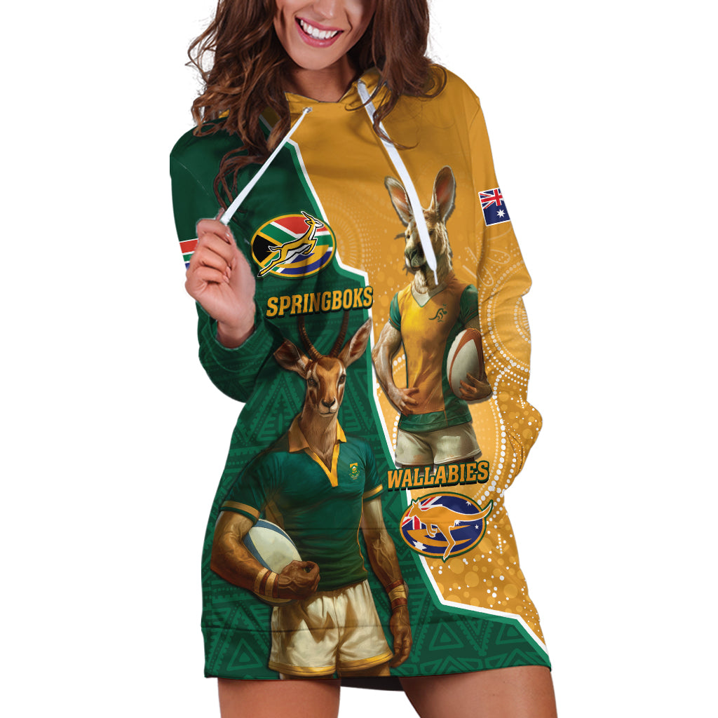 Personalised South Africa And Australia Rugby Hoodie Dress 2024 Springboks Wallabies Mascots Together