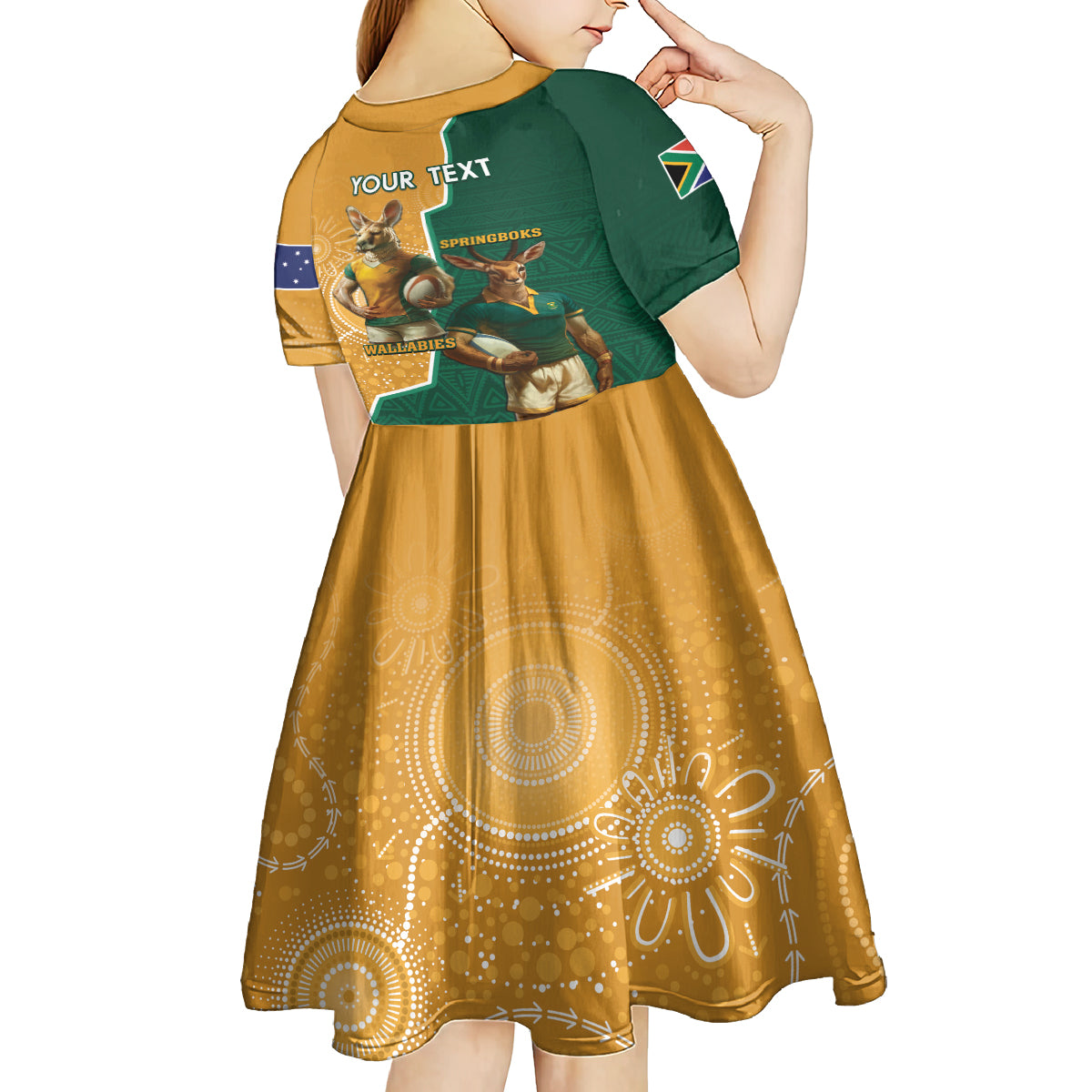 Personalised South Africa And Australia Rugby Kid Short Sleeve Dress 2024 Springboks Wallabies Mascots Together - Wonder Print Shop