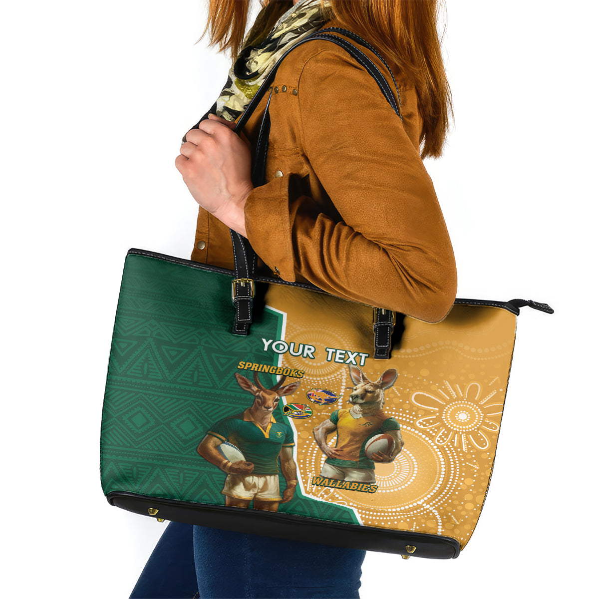 Personalised South Africa And Australia Rugby Leather Tote Bag 2024 Springboks Wallabies Mascots Together