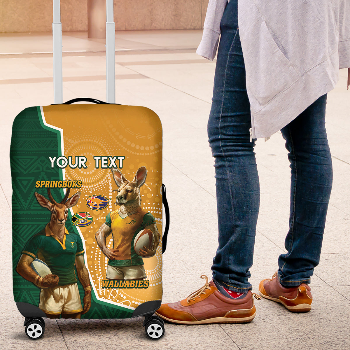 Personalised South Africa And Australia Rugby Luggage Cover 2024 Springboks Wallabies Mascots Together