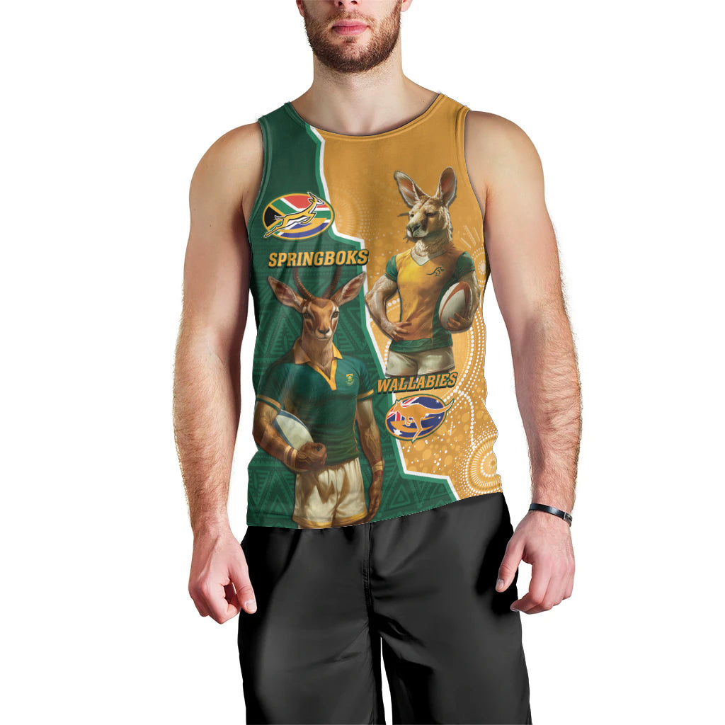 Personalised South Africa And Australia Rugby Men Tank Top 2024 Springboks Wallabies Mascots Together - Wonder Print Shop