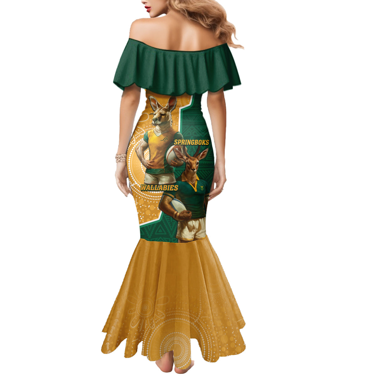 Personalised South Africa And Australia Rugby Mermaid Dress 2024 Springboks Wallabies Mascots Together - Wonder Print Shop