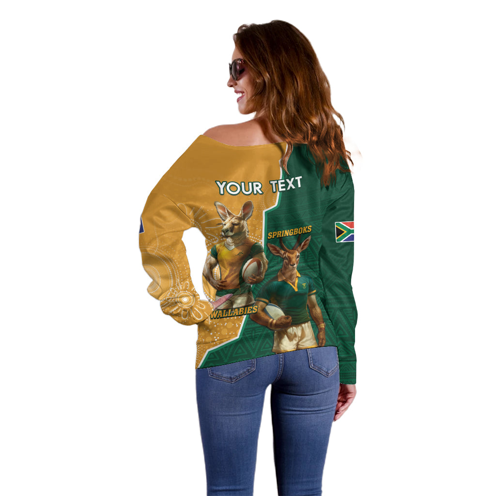 Personalised South Africa And Australia Rugby Off Shoulder Sweater 2024 Springboks Wallabies Mascots Together - Wonder Print Shop