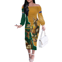 Personalised South Africa And Australia Rugby Off The Shoulder Long Sleeve Dress 2024 Springboks Wallabies Mascots Together - Wonder Print Shop