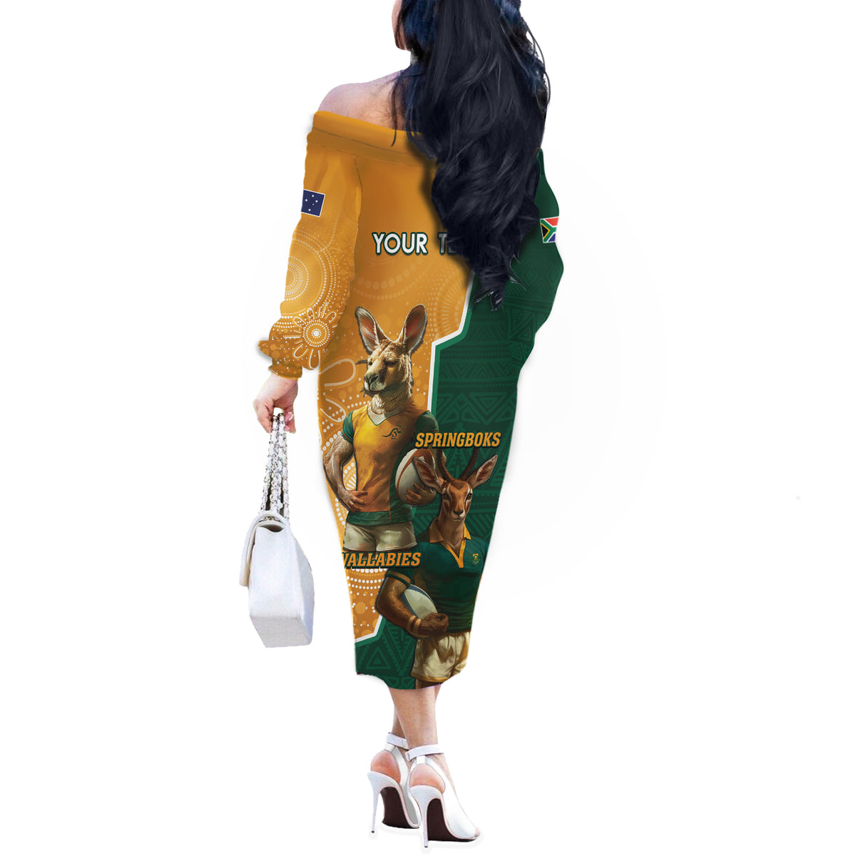 Personalised South Africa And Australia Rugby Off The Shoulder Long Sleeve Dress 2024 Springboks Wallabies Mascots Together - Wonder Print Shop