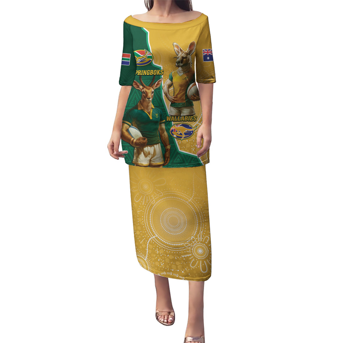 Personalised South Africa And Australia Rugby Puletasi 2024 Springboks Wallabies Mascots Together - Wonder Print Shop