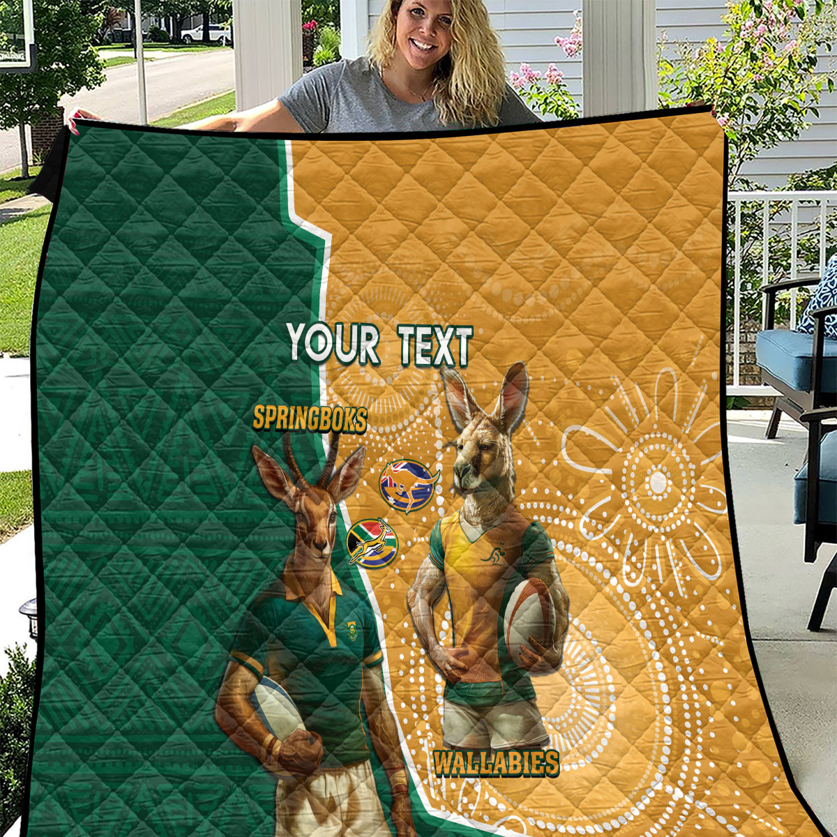 Personalised South Africa And Australia Rugby Quilt 2024 Springboks Wallabies Mascots Together