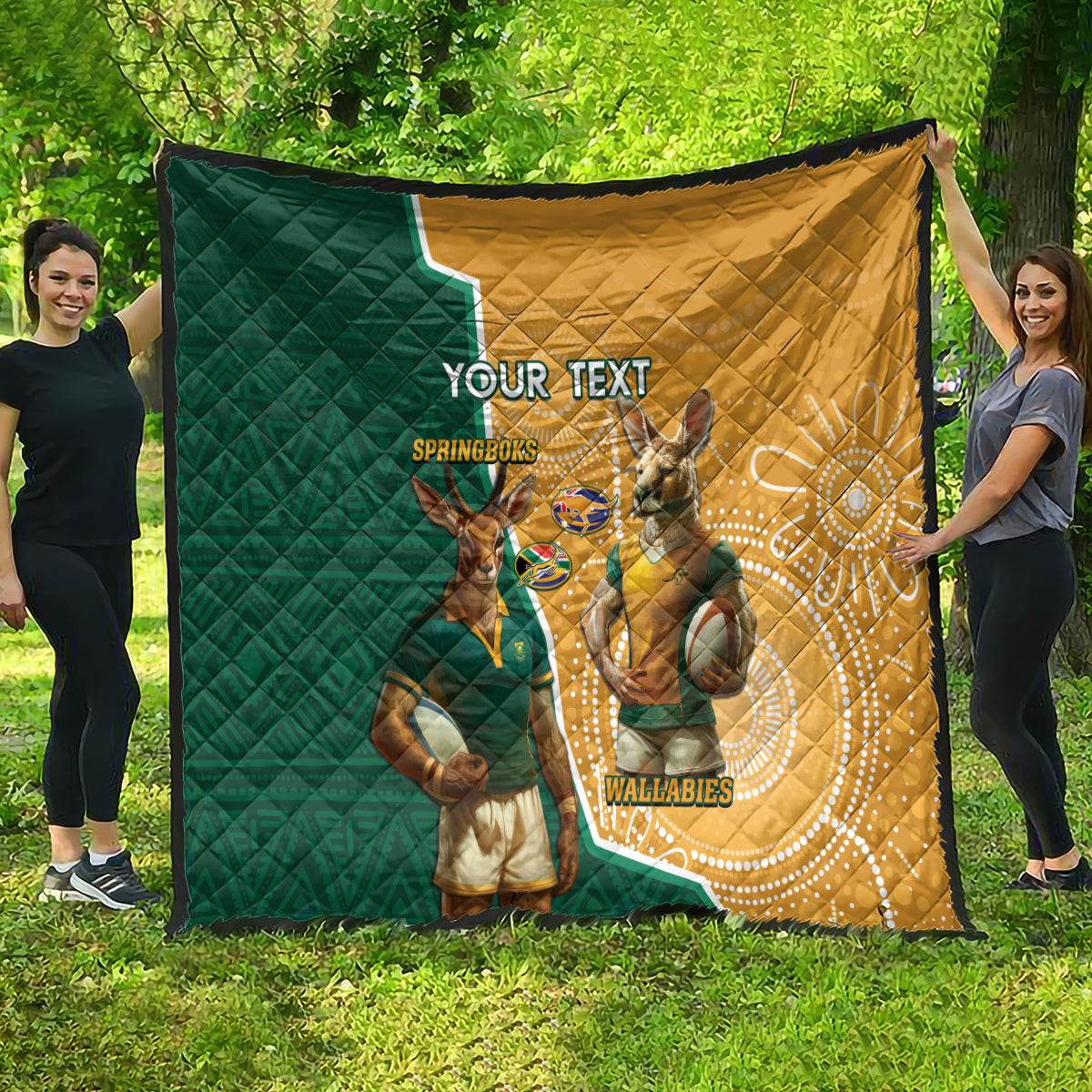 Personalised South Africa And Australia Rugby Quilt 2024 Springboks Wallabies Mascots Together - Wonder Print Shop
