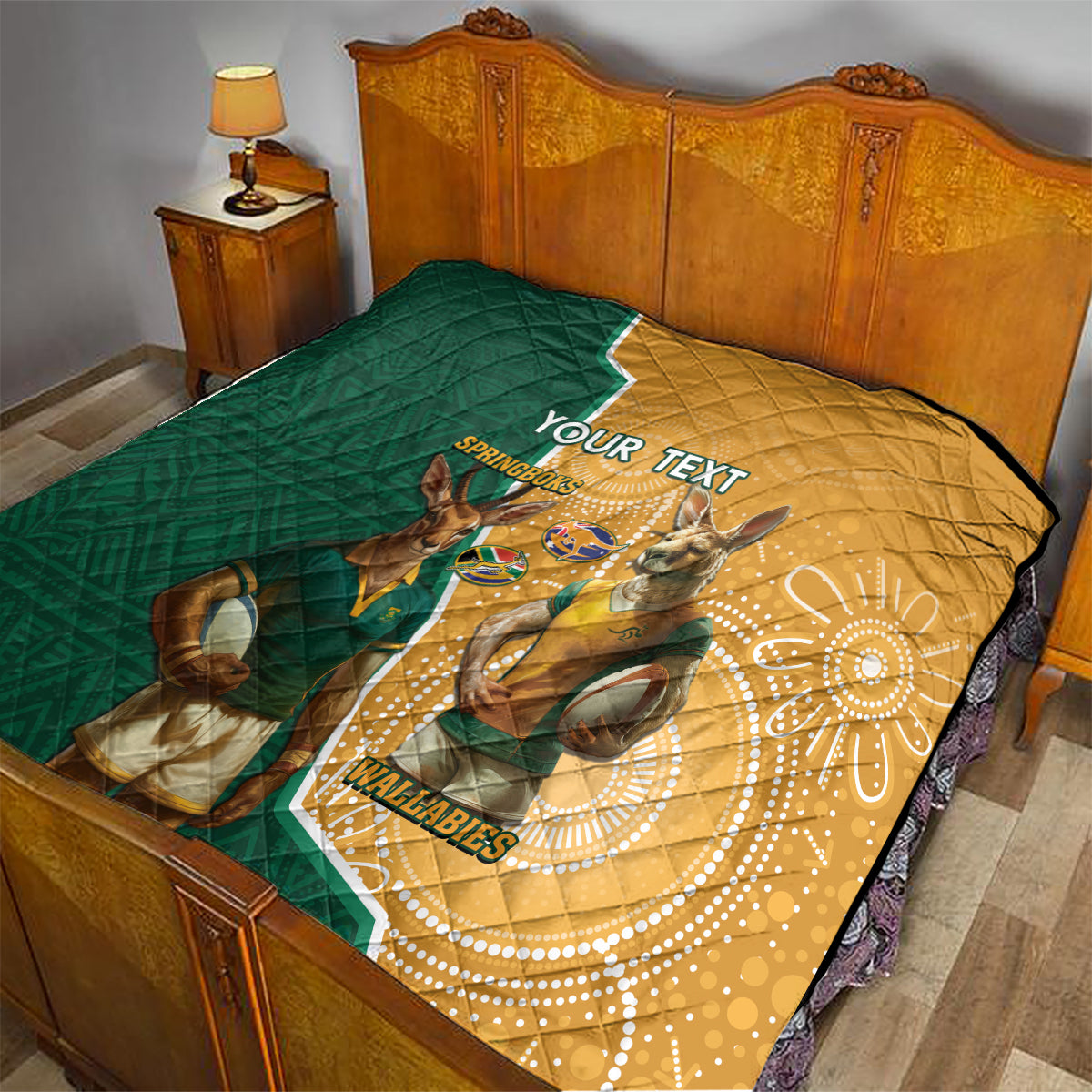 Personalised South Africa And Australia Rugby Quilt 2024 Springboks Wallabies Mascots Together - Wonder Print Shop